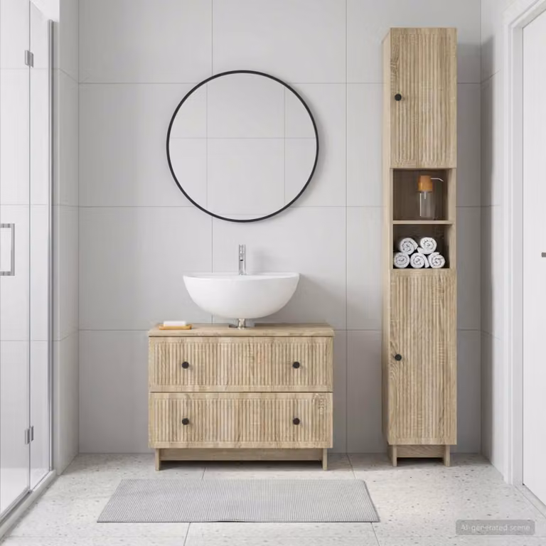 Set di mobili da bagno vidaXL composto da 2 pezzi in stile minimalista, colore marrone Rovere Sonoma, con armadietto a muro e mobile sottolavabo con ripiani interni e ante a cerniera