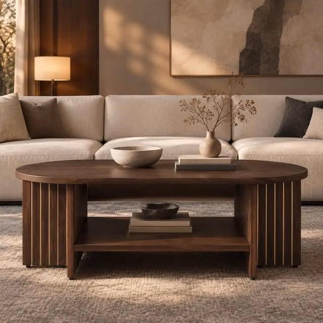 Tavolino da caffè ovale 100x49x35 cm in MDF color noce con ripiano inferiore