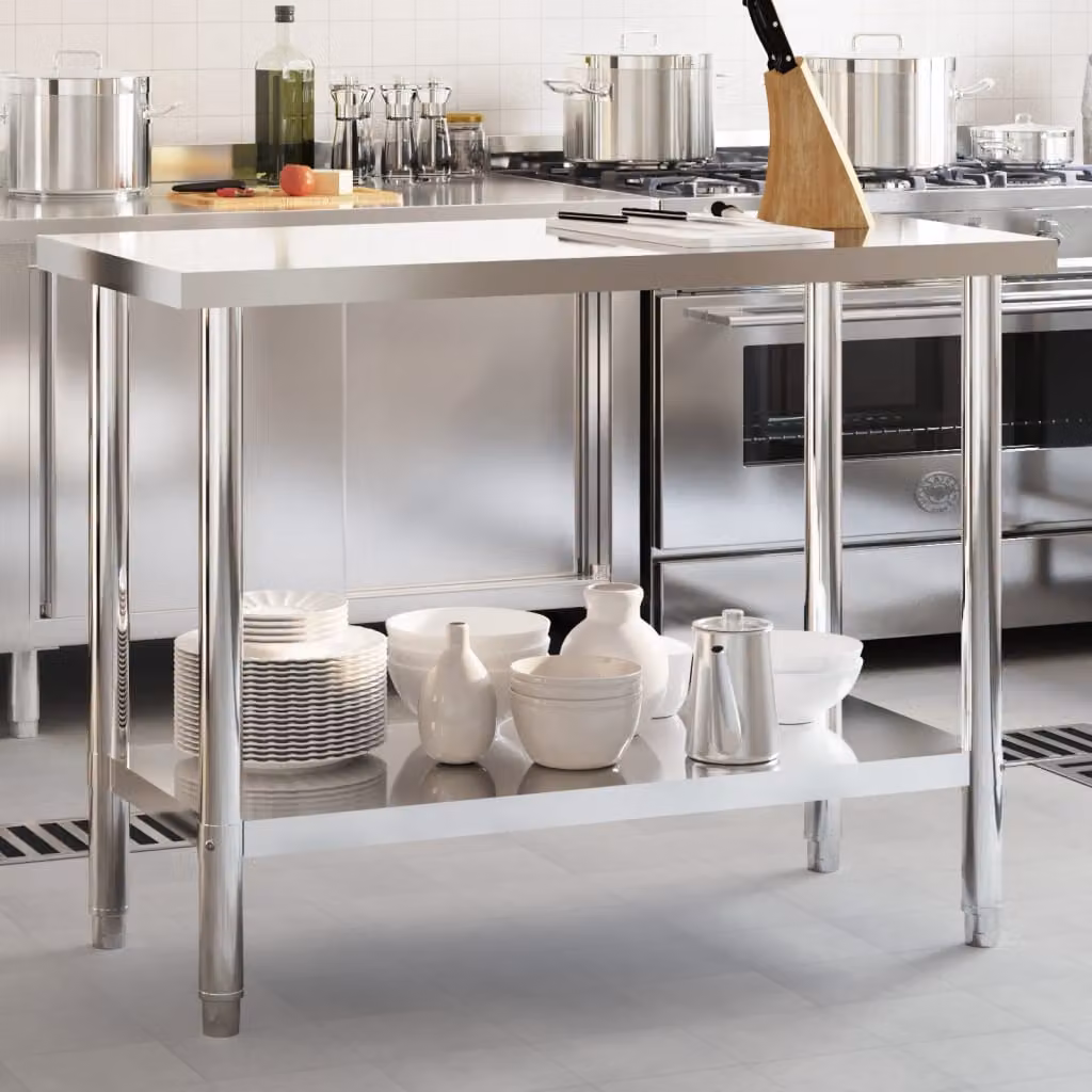 vidaXL Tavolo da cucina moderno in acciaio inossidabile e metallo, colore argento, L 110 x P 55 x H 85 cm