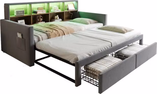 Letto divano estensibile grigio con 2 cassetti, illuminazione LED, porte USB e USB-C, rivestimento in velluto, L/P/H: 180 x 190 x 104 cm (estendibile da 90 x 190 cm) – 1