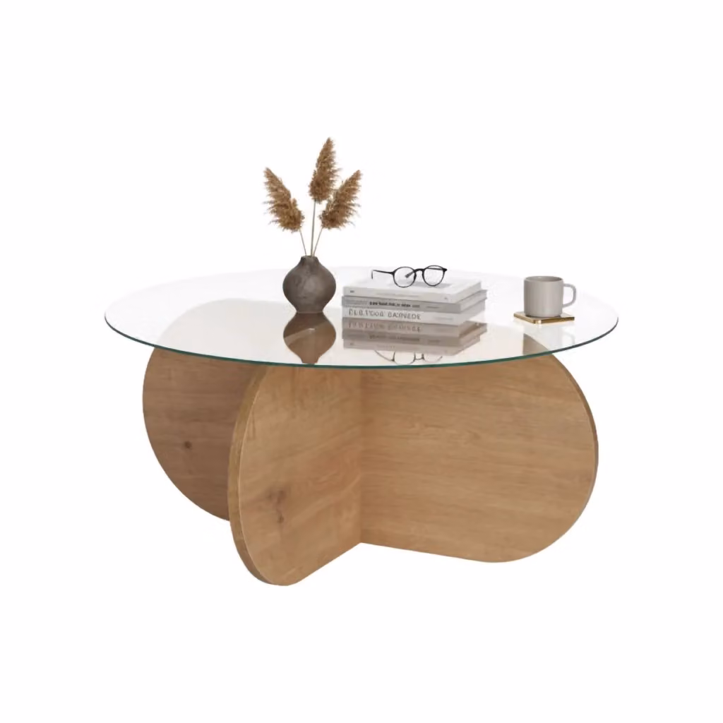 Tavolino da salotto rotondo DMORA in legno rovere marrone e vetro trasparente L/P/H: 75 x 75 x 35 cm – 2