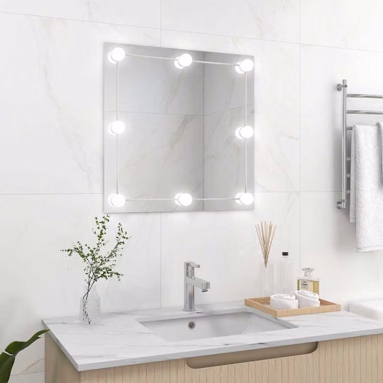 Specchio da parete quadrato con luci LED vidaXL, argento e trasparente, L 60 x H 60 x P 14 cm