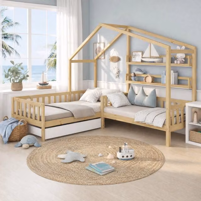 Letto per bambini a casetta con cassetto e ripiani; struttura a L 90x200 cm + 140x70 cm; legno massello naturale