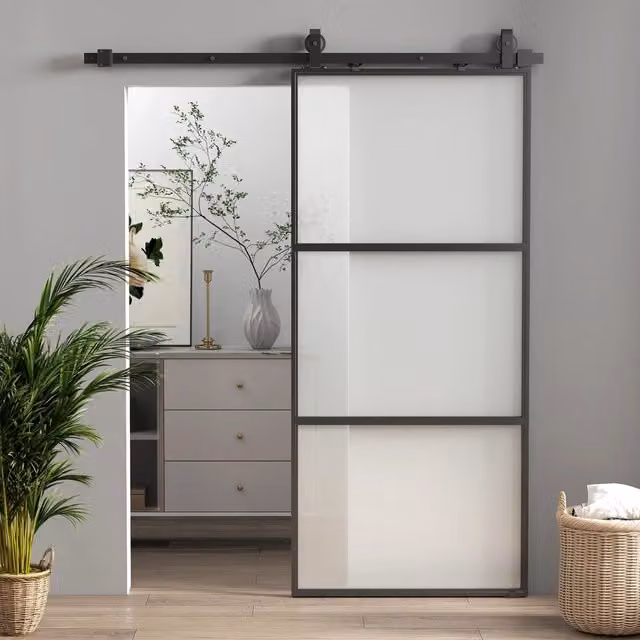 Anta scorrevole Minimal in acciaio e vetro smerigliato nero L: 91,4 cm, P: 28,0 cm, H: 203,2 cm