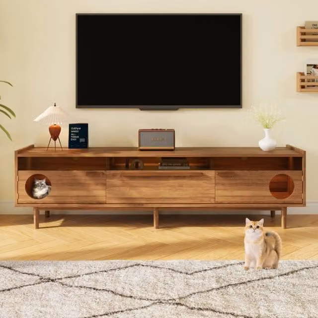 Mobile TV con vano per gatti; LED e due ante in vetro temperato color noce 180 × 40 × 50 cm