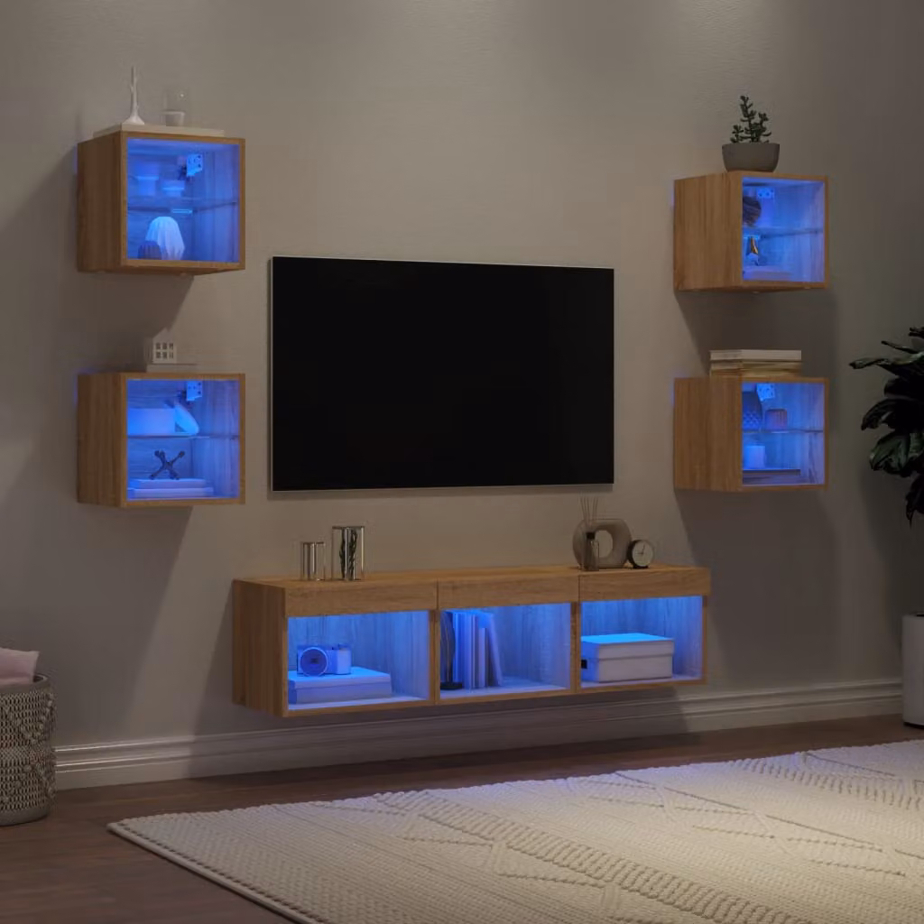 Mobile TV a muro vidaXL con illuminazione LED in legno Rovere Sonoma, set di 7 pezzi – 1