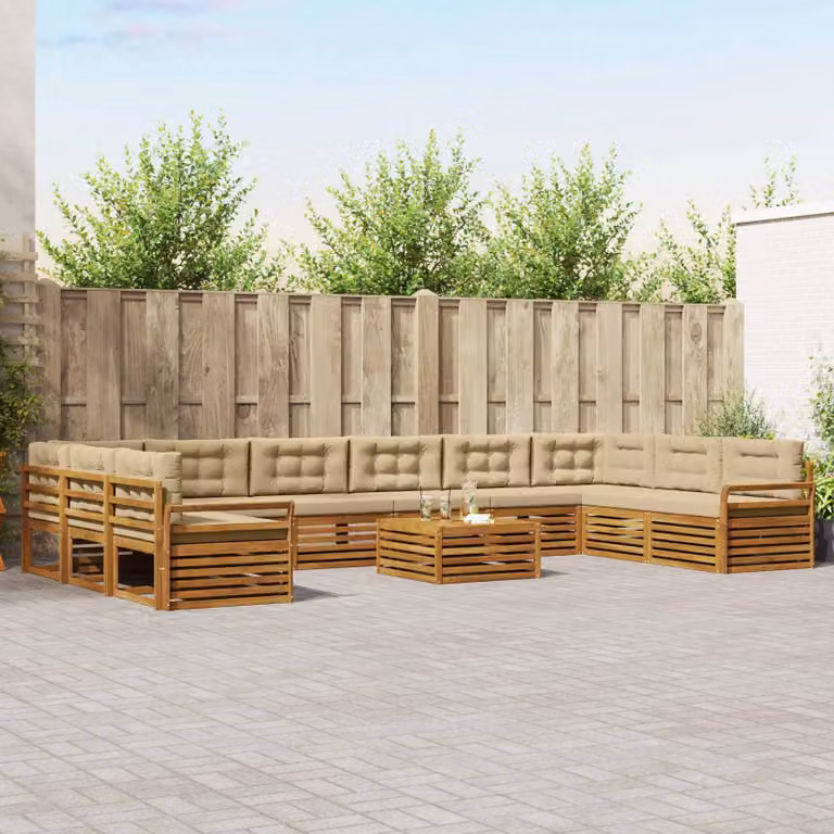 vidaXL Set divani da giardino a L composto da 11 pezzi in legno di acacia massello con cuscini beige e marrone