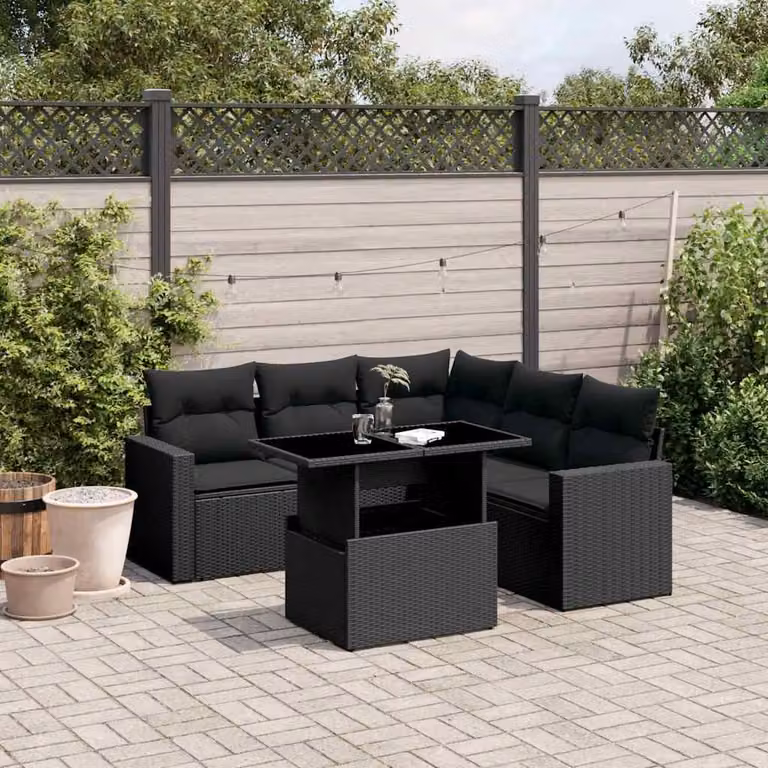 Set Divano da Giardino a L vidaXL 6 pz in Polyrattan Nero con Cuscini e Tavolino