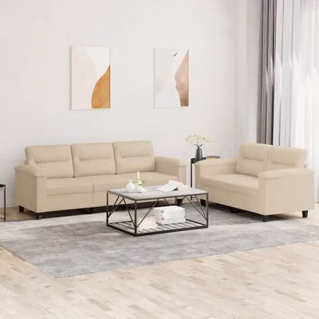 Set Divani 2 pz con Cuscini Crema in Tessuto Microfibra 3202342