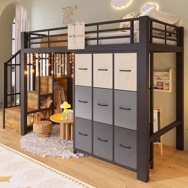 Letto a soppalco singolo 90×200 cm con cassetti, scala contenitore e appendiabiti, senza materasso, nero