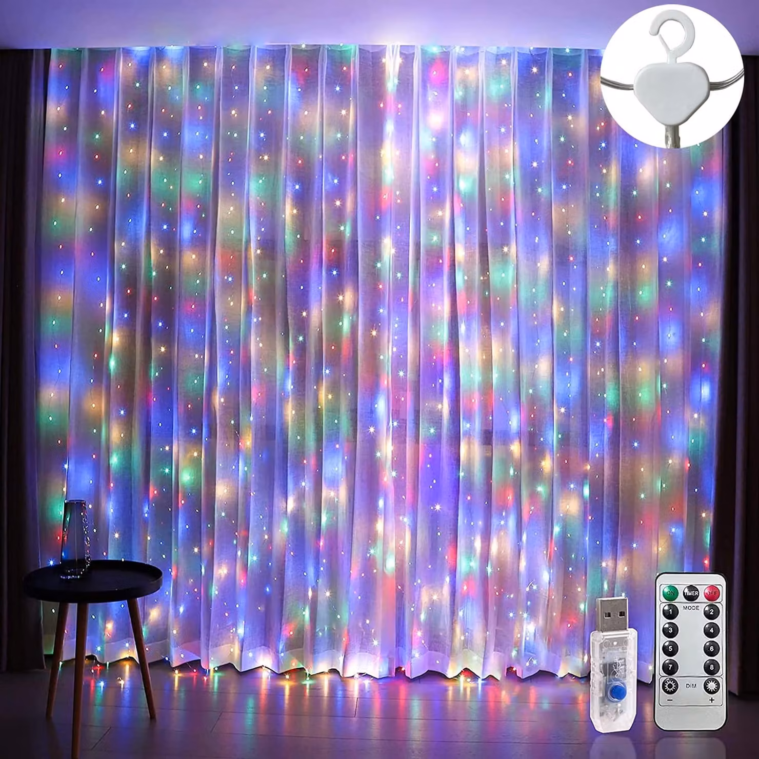 Luci a LED per tende, dimensioni 3x3 metri, 300 LED, multicolore, impermeabili, alimentazione USB