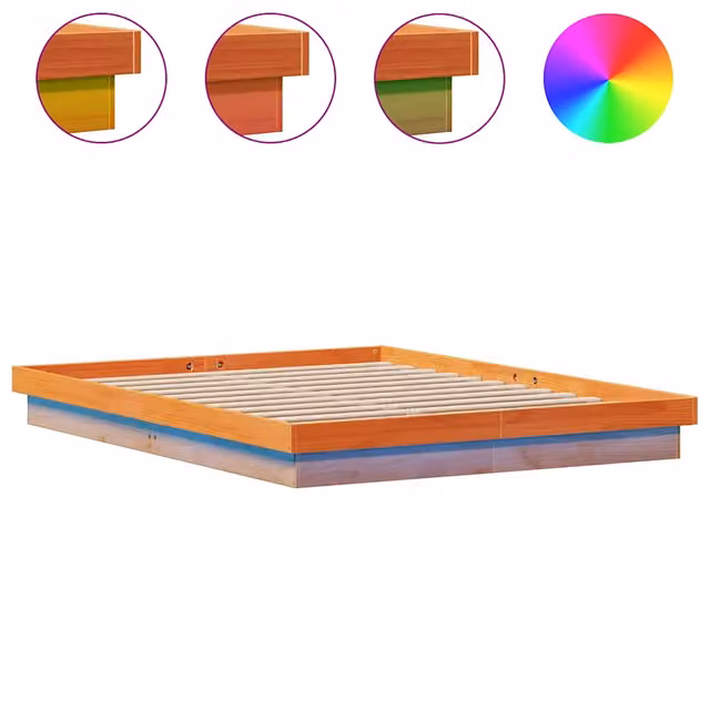 Letto matrimoniale in legno massello di pino marrone cera con illuminazione LED e porta USB L/P/H: 150 x 200 x 204 cm