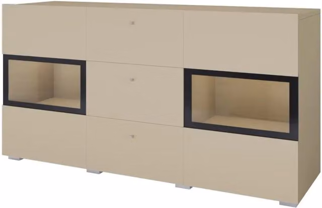 Buffet RAMOS 130 cm – Beige chiaro – LED multicolori integrate – 2 porte in vetro e 3 cassetti