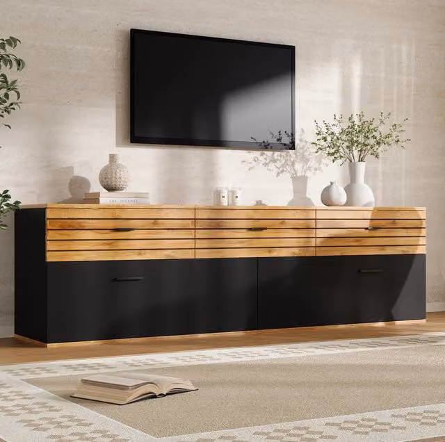 Mobile TV MODFU moderno in MDF con 3 cassetti soft close e 2 ante a ribalta, colori beige, marrone e nero, L: 168 cm, P: 38 cm, H: 59 cm