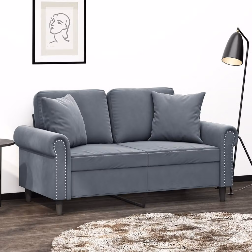 vidaXL Divano a 2 Posti Moderno in Velluto Grigio con Cuscini e Struttura in Metallo L: 152 cm, P: 80 cm, H: 77 cm – 1