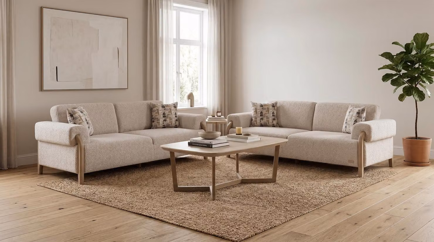 Set moderno per soggiorno, composto da un divano a tre posti e un divano a tre posti, con un elegante tavolino da caffè