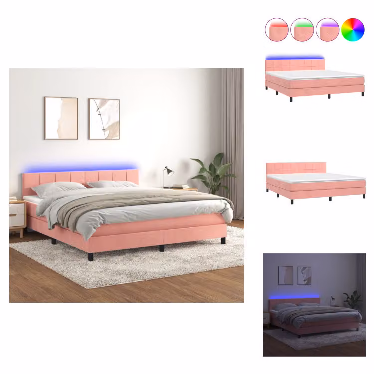 vidaXL Letto a molle con materasso e LED in velluto rosa 180x200 cm - Letti & strutture letto
