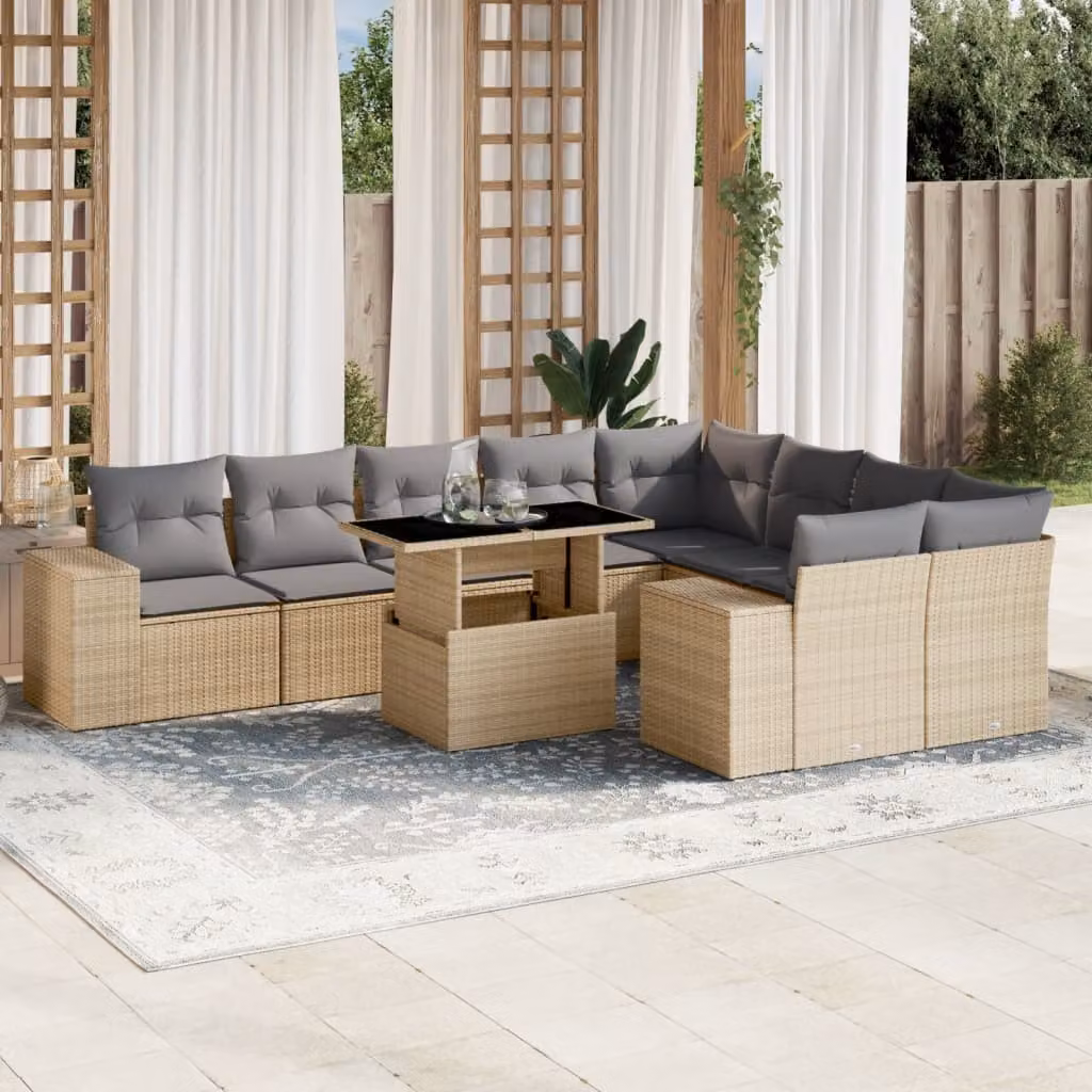 Set Divano da Giardino vidaXL 10 pz a Forma a L in Polyrattan con Cuscini Beige e Grigio – 1