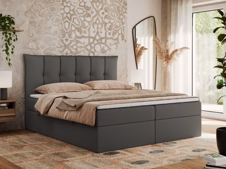 Letto boxspring MKS MEBLE 140x200 con contenitore e materasso H4, letto imbottito 140x200 con contenitore, letto 140x200 con spazio di stivaggio e topper - Premium-10 - Ecopelle grigio scuro