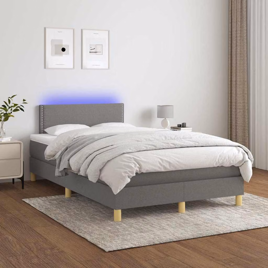 Letto con Materasso a Molle e Illuminazione LED vidaXL in Tessuto Grigio, L 120 x P 200 cm – 1