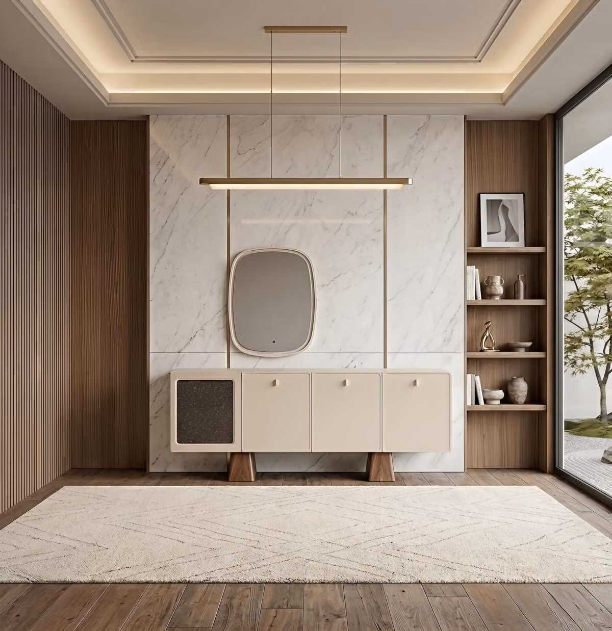 Mobile bar/contenitore con specchio, design moderno, colore beige, elegante, ideale per il soggiorno