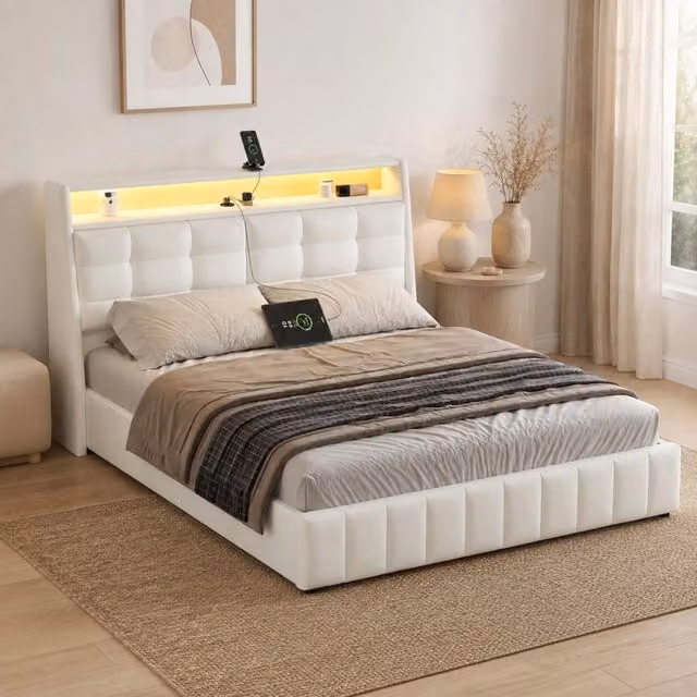 Letto contenitore Mivray bianco con illuminazione LED e porte USB, testiera regolabile in ecopelle e legno, L/P: 160 x 200 cm