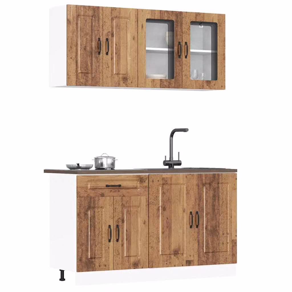 Set di mobili da cucina vidaXL Kalmar 4 pezzi in legno vecchio marrone con ante in vetro