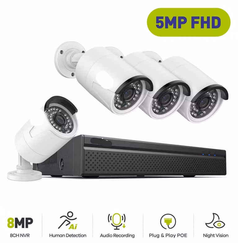 Sistema di videosorveglianza - Kit di telecamere PoE - Registratore NVR a 8 canali - 4 telecamere - Include hard disk da 2TB
