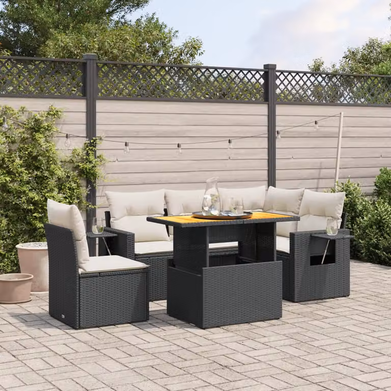 Set Divano da Giardino vidaXL 6 pz in Polyrattan Nero con Cuscini e Tavolino da Esterno a Forma di L