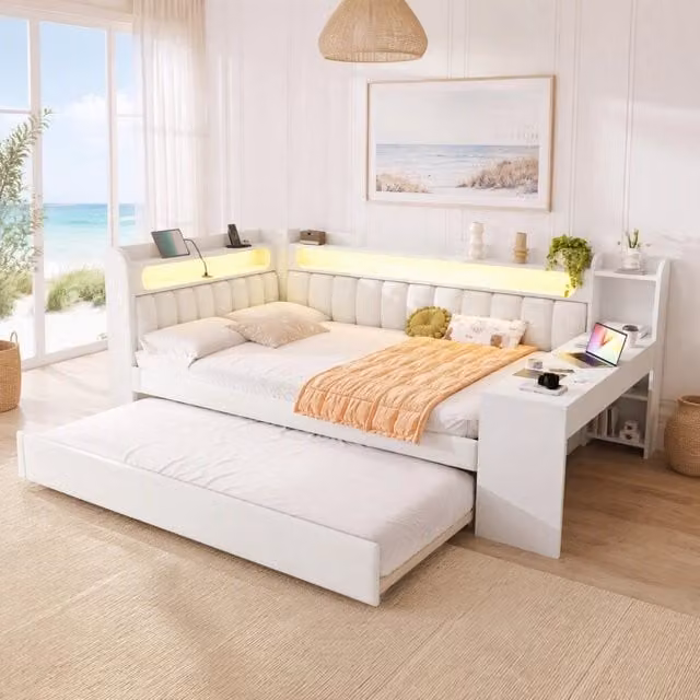 Letto 140x200 cm bianco – con letto estraibile, scrivania e LED, senza materasso