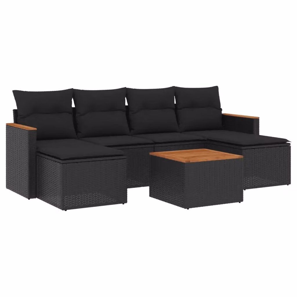 vidaXL Set Divani da Giardino a L con Cuscini 7pz Nero Polyrattan e Legno di Acacia – 2