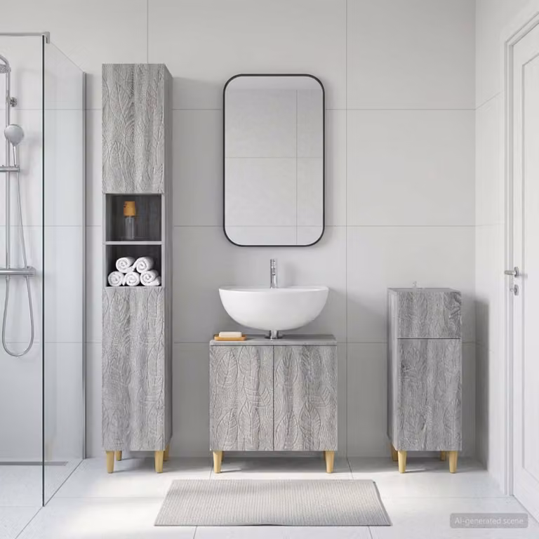 Set di armadietti da bagno vidaXL DELFT in 3 pezzi, colore grigio, stile moderno con ante a cerniera e ripiani interni