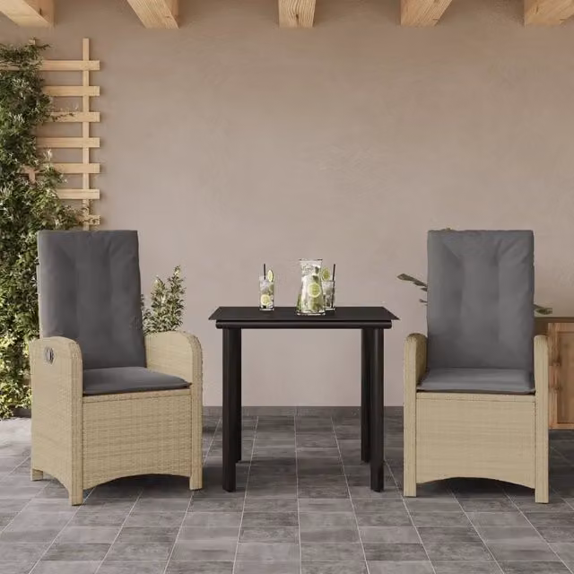 Set da pranzo da giardino moderno vidaXL in polyrattan con tavolo in vetro e cuscini beige, nero o grigio