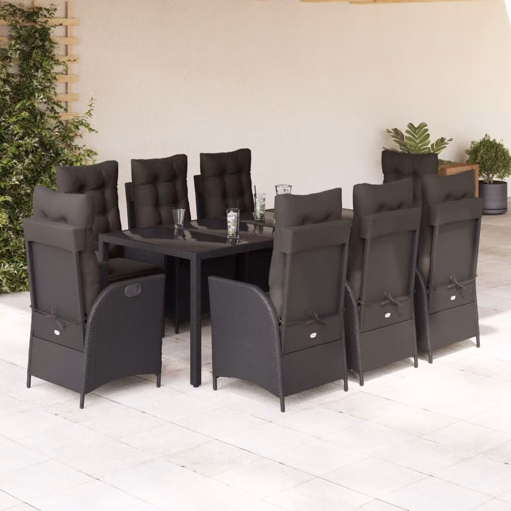 Set da pranzo da giardino vidaXL in polyrattan nero con 9 pezzi e cuscini – 1