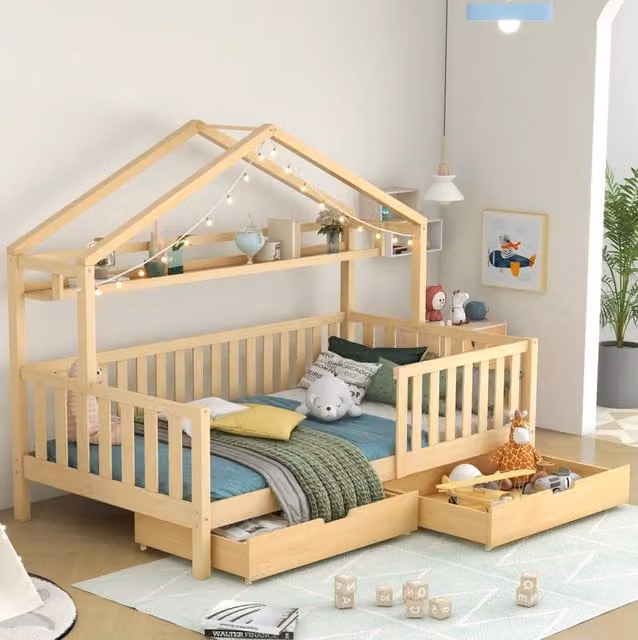 Letto casetta per bambini Beaok in legno massiccio con 2 cassetti, colore bianco, L/P/H: 200 x 90 x 166,5 cm