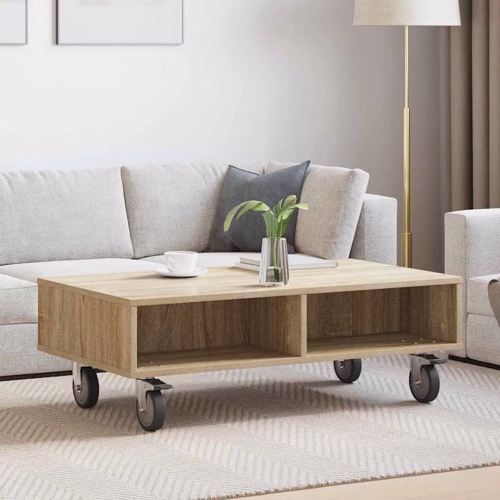vidaXL Tavolino rettangolare con ruote in Rovere Sonoma, colore marrone, L 90 x P 50 x H 30 cm