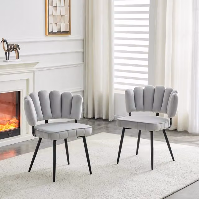 Set di 2 sedie da pranzo MINIMAL con schienale floreale in velluto grigio chiaro e gambe in metallo nero