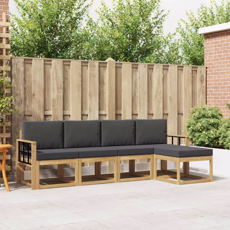 vidaXL Set di divani da esterno a L in legno di acacia con pouf, Bianco e Antracite