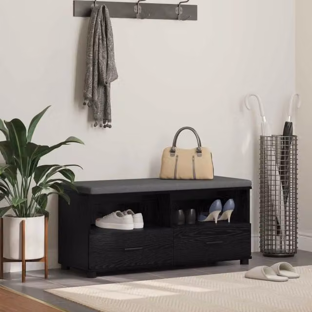 Panca per ingresso con scarpiera e cuscino vidaXL in rovere e nero L: 100 cm, P: 38 cm, H: 46 cm – 1