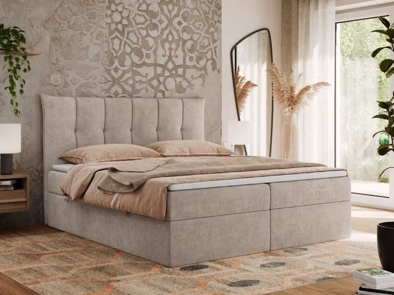 MKS MEBLE Letto boxspring 180x200 con contenitore e materasso H3, letto imbottito 180x200 con contenitore, letto 180x200 con spazio contenitore e topper - Premium-10 - Beige struttura