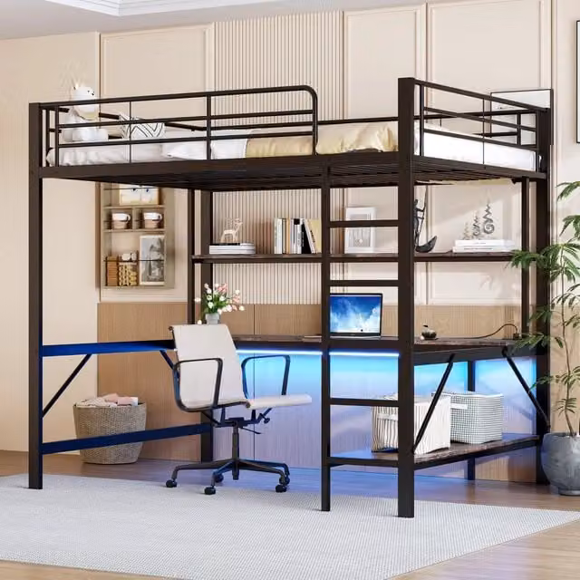 Letto a soppalco multifunzione; 140x200cm; presa USB; mensole da scrivania LED; nero