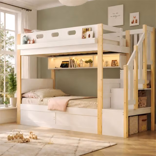Letto a castello Mivray a 2 livelli in pino e MDF bianco con scala contenitore, testiera imbottita, illuminazione LED, porta USB e base contenitore, L/P: 90 x 200 cm