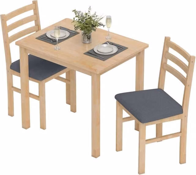 Set da pranzo composto da 3 pezzi con tavolo e 2 sedie, tavolo da cucina per spazi compatti, sedie imbottite, salvaspazio, MDF, legno naturale