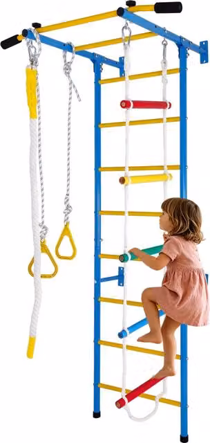 Set da arrampicata 5 in 1 per bambini, scala a muro in acciaio con sbarra per trazioni, corda e anelli ginnici. Struttura solida per interni, regalo ideale