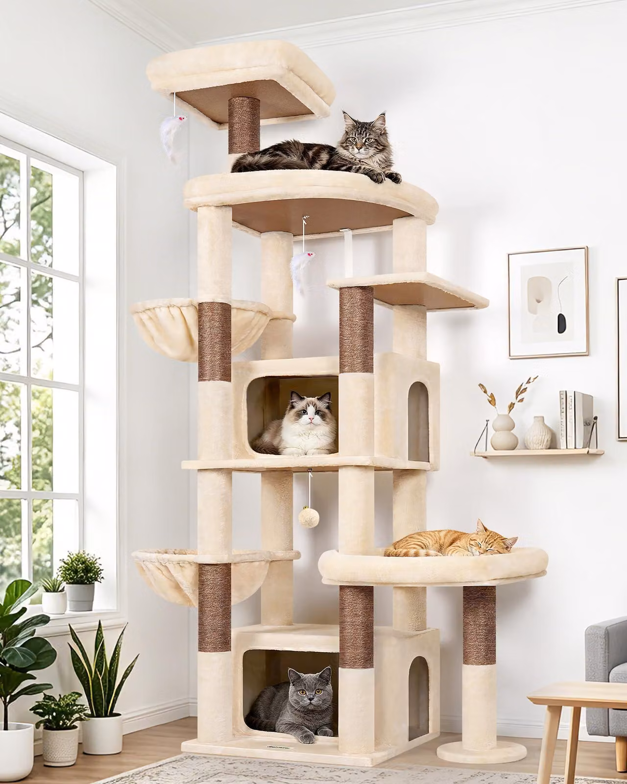 Cuccia per gatti beige XXL, 192 cm, con 2 grandi rifugi, rivestita in sisal, adatta per gatti di grossa taglia