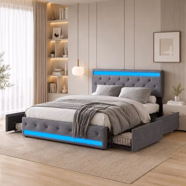 Letto Matrimoniale Imbottito 140x200cm Grigio, LED RGB con App+Telecomando, USB-C, 4 Cassetti Sottoletto, Rete a Doghe
