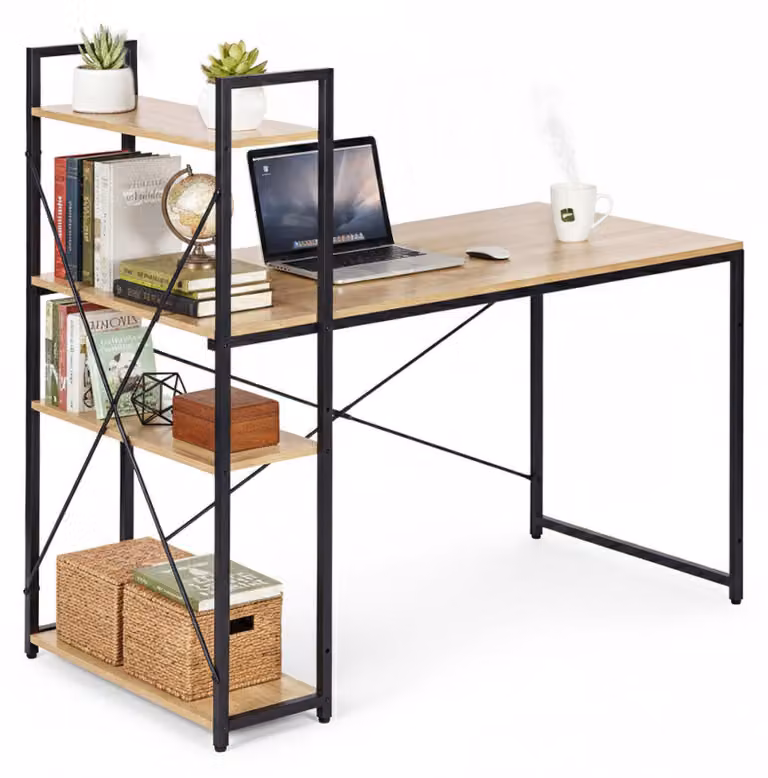 Scrivania per computer da scuola, 120x60 cm, con scaffalatura a 3 ripiani, stile industriale, finitura "rovere chiaro", ModernHome