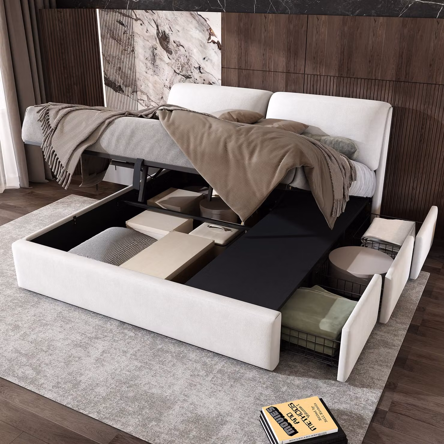 Letto imbottito Flieks 180x200cm con 3 cassetti, letto a molle idrauliche letto contenitore con rete a doghe, letto matrimoniale letto per ragazzi letto in legno, velluto, bianco