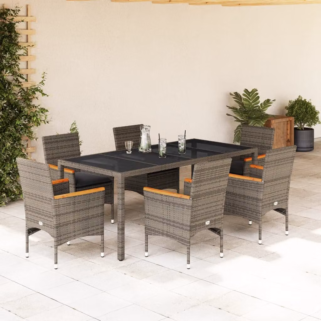 vidaXL Set da Pranzo da Giardino 7 pz in Polyrattan e Legno di Acacia con Vetro e Cuscini Grigio – 1