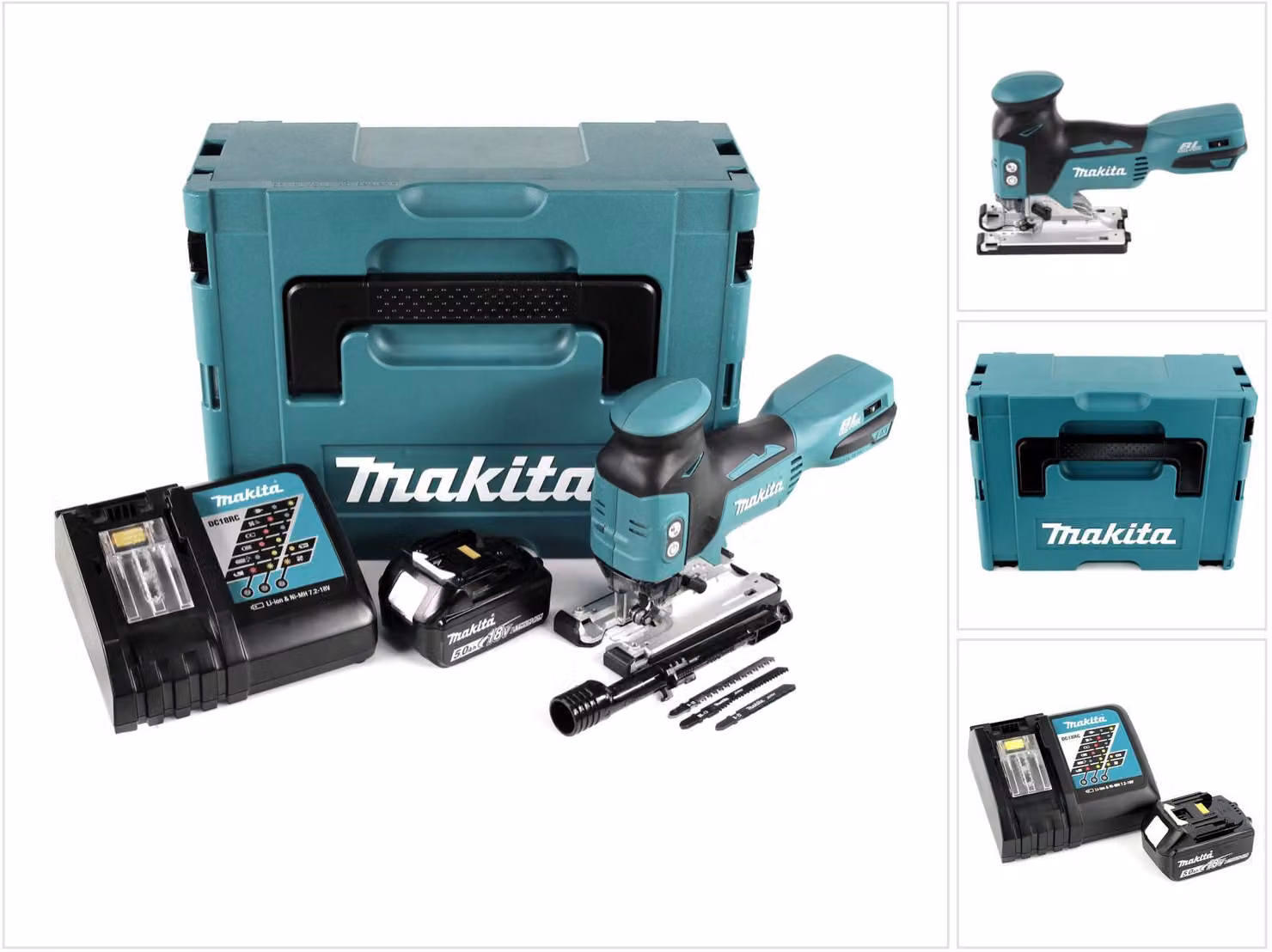 Sega a gattuccio a batteria Makita DJV 181 RT1J 18V Brushless + 1x batteria 5,0Ah + caricabatterie + Makpac